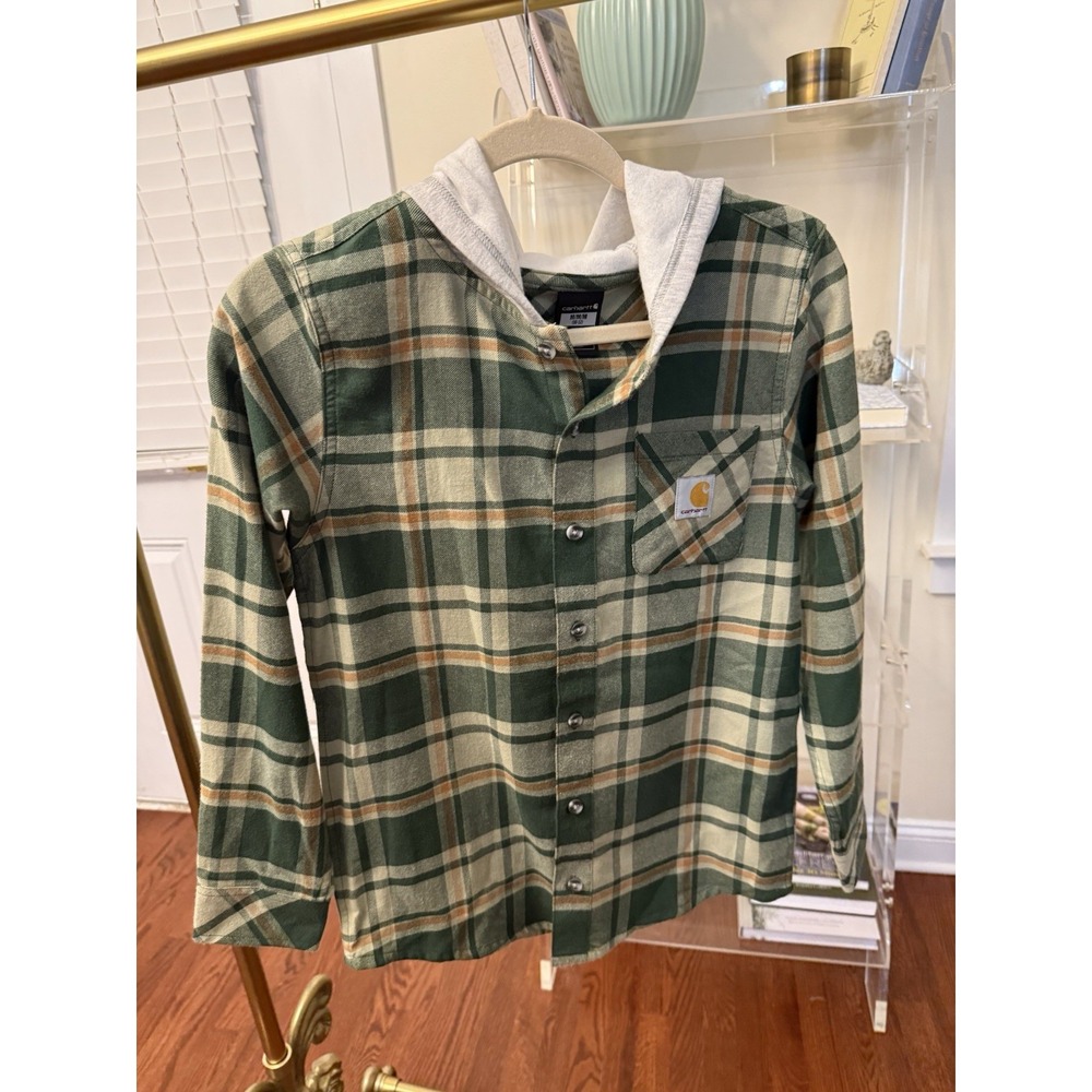 Carhartt Flannel shirt jacket Top Hoodie Boys Medium Size 10 12  Hooded NWT New